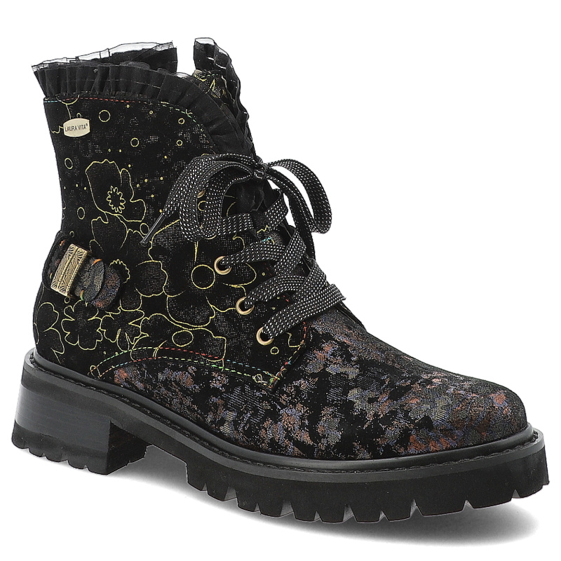 Botki damskie Laura Vita, skórzane zdobione za kostkę na płaskim obcasie na suwak, czarne, Kouleo-47