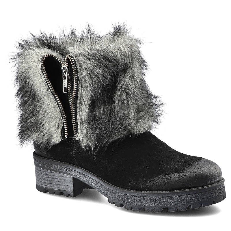 Botki damskie Maciejka, skóra naturalna z przecieranym noskiem i wypełnione futrem, czarne, 03309-01-00-3