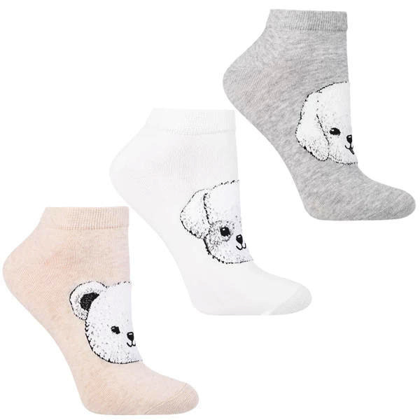 Skarpetki damskie Moraj, bawełniane w pieski i misie wysokie i elastyczne 3 pary, beżowe-szare-białe, CSD240-143
