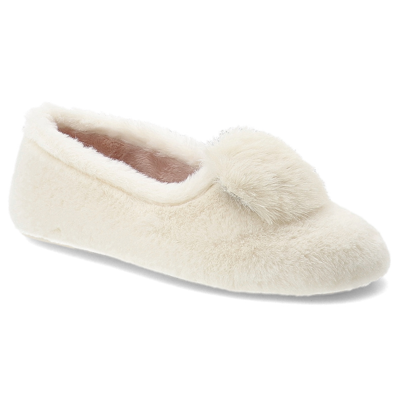 Kapcie damskie Macarena, pantofle domowe wsuwane z futerkiem z pomponem, ecru, Anais28