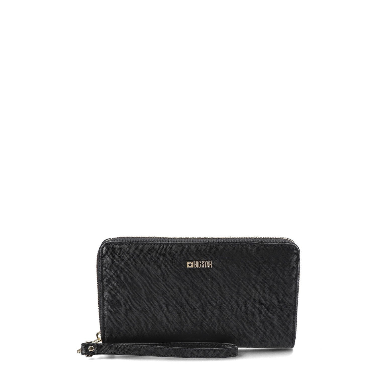 Portfel damski Big Star, z fakturowaną powierzchnią zapinany na zamek z odpinanym paskiem nadgarstkowym i uporządkowaną komorą na dokumenty, czarny,