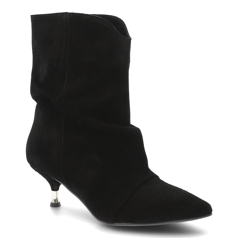 Botki damskie Chebello, na szpilce skórzane eleganckie z marszczoną cholewką wsuwane, czarne welur, 4814-034