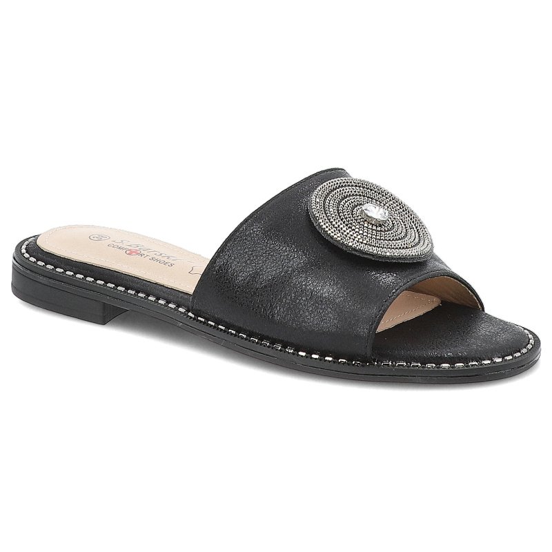 Klapki damskie S. Barski, eleganckie z eko skóry na płaskim obcasie ze sprzączką, czarne, KV51-013