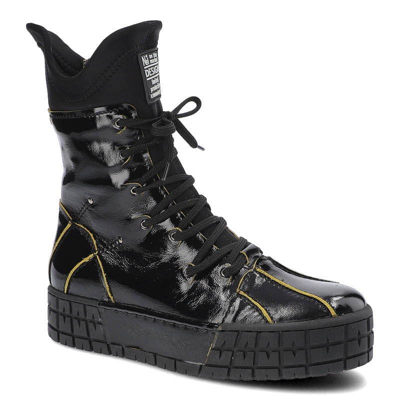 Botki damskie Simen, skóra naturalna lakierowana z wysoką cholewką sznurowanym zapięciem, czarne, 4244A-L