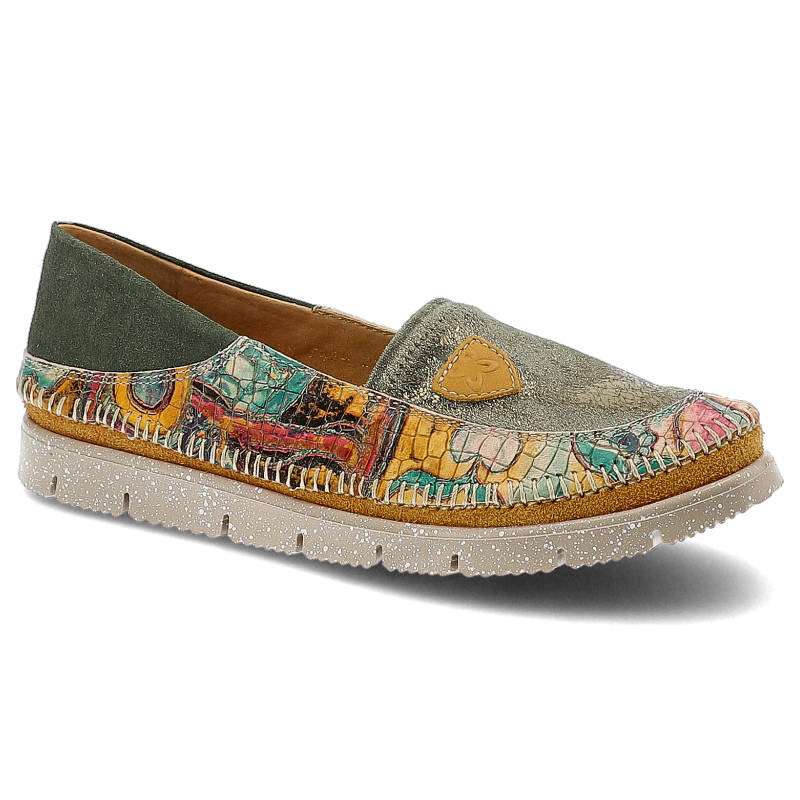 Półbuty damskie Maciejka, zamszowa cholewka z kolorowymi akcentami wsuwany fason bez zapięć, zielony, 05434-09-00-5