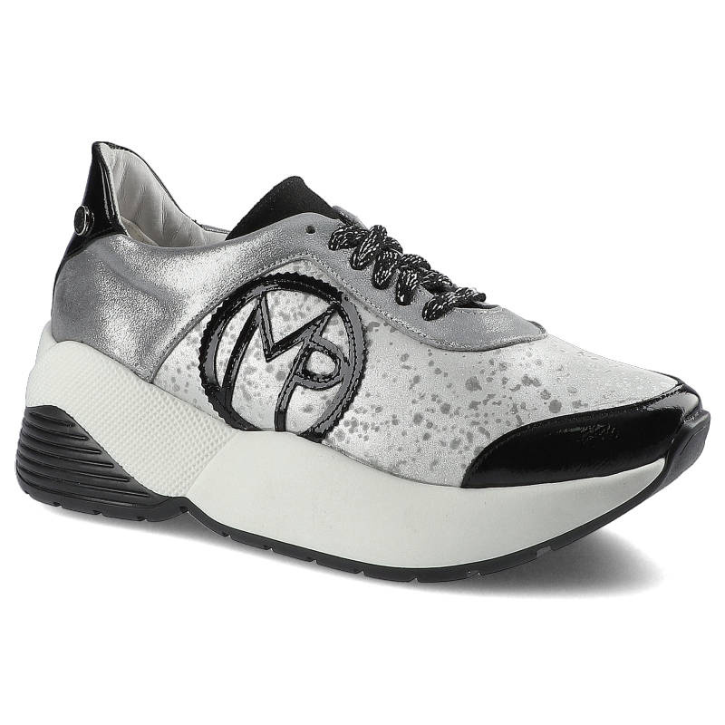 Sneakersy damskie Massimo Poli, ze skórzaną cholewką o tłoczonej fakturze wiązaniem na oczka metalową ozdobą i masywną elastyczną podeszwą, srebrno-c