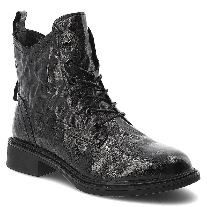 Botki damskie Artiker, licowa skórzana marszczona cholewka na płaskim obcasie i ocieplane futerkiem, czarne, 57C1006