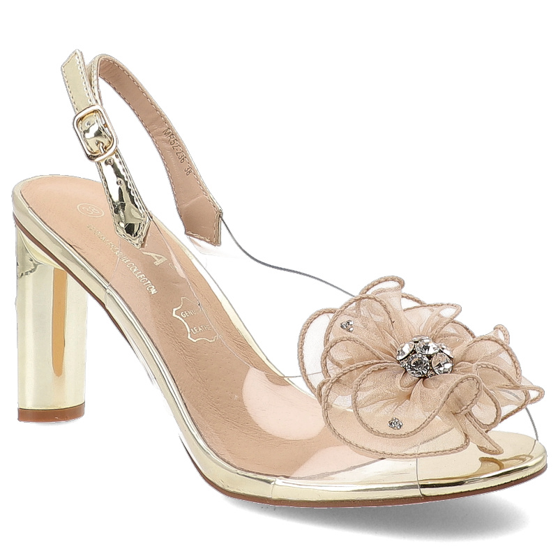 Sandały damskie S. Barski, na słupku z odkrytą piętą z ozdobnym kwiatem transparentne, złote, MR52-236