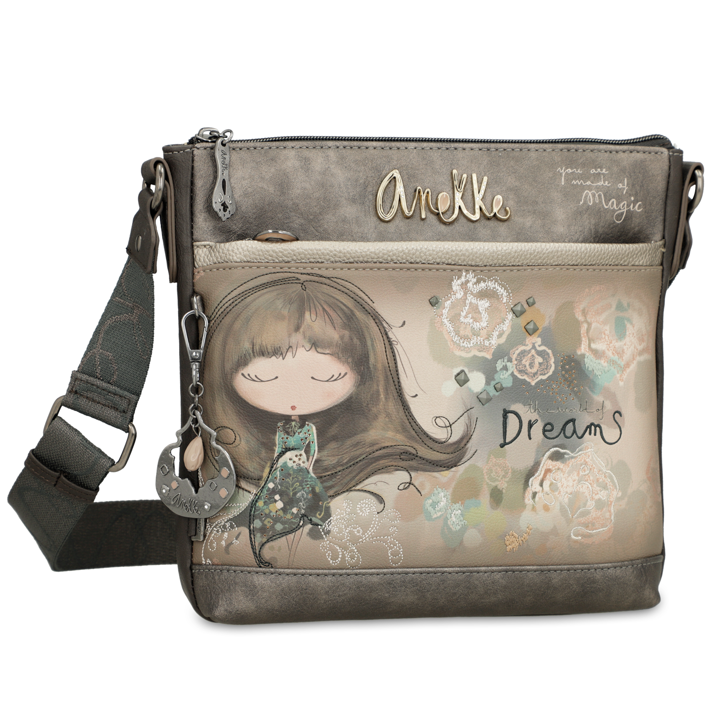 Torebka damska Anekke, mała bogato zdobiona na ramię z regulowanym paskiem, brązowa, 41703-069