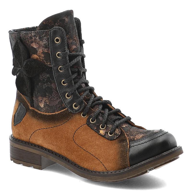 Botki damskie Maciejka, trzewiki na obcasie skórzane we wzory z okrągłym noskiem i na suwak, rude, 07004-29-00-8