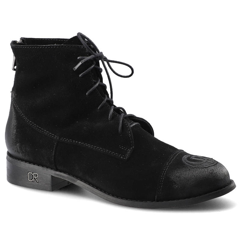 Botki damskie Carinii, wykonane z materiału o zamszowej strukturze z wysoką cholewką wiązaniem na przodzie oraz niskim obcasem, czarne, B5588-CR-H20-