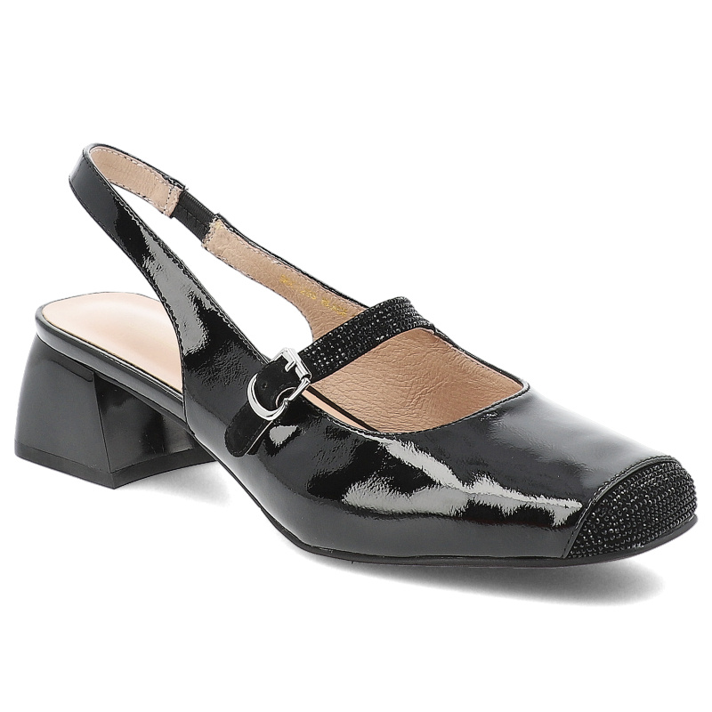 Sandały damskie Artiker, skórzane lakierowane z kwadratowym noskiem na klocku wsuwane, czarne, 56C1203