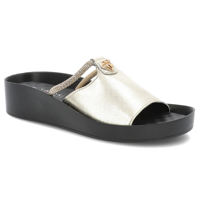 Klapki damskie S. Barski, na platformie ze skóry naturalnej z ozdobą eleganckie, złote, KV51-034