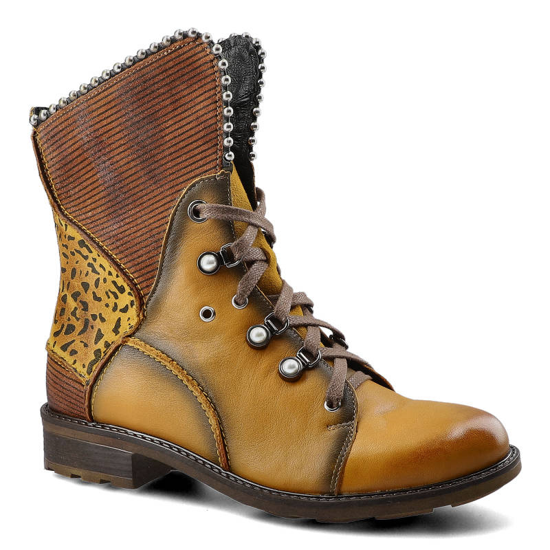 Trzewiki damskie Maciejka, przeszywana skóra licowa ze sznurowaniem i wysoką cholewką, żółte, 3623A-07-00-3
