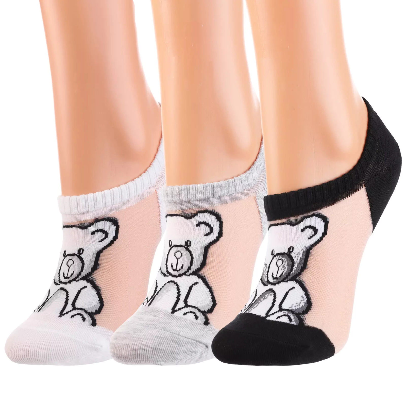 Baleriny damskie Moraj, z siateczką w misie elastyczne i niskie 3 pary, białe-szare-czarne, CDB200-139