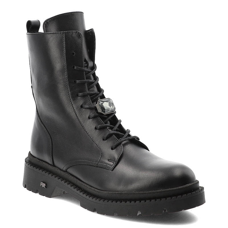 Botki damskie Karino, za kostkę na płaskim obcasie skórzane z ozdobą na zamek, czarne lico, 4841-076-F