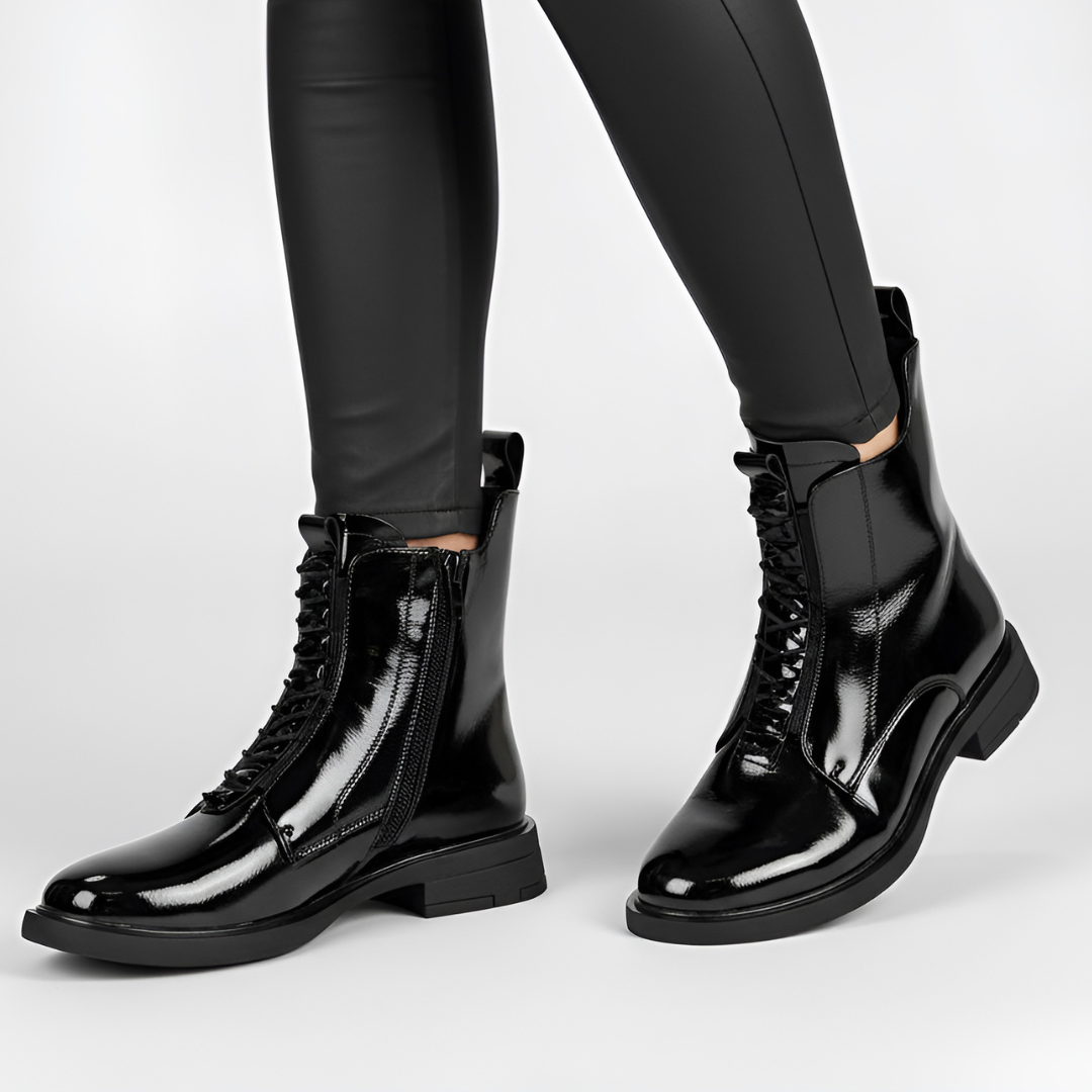 Botki damskie S. Barski, skórzane na płaskim obcasie i zapinane na zamek, czarne, MR52-108