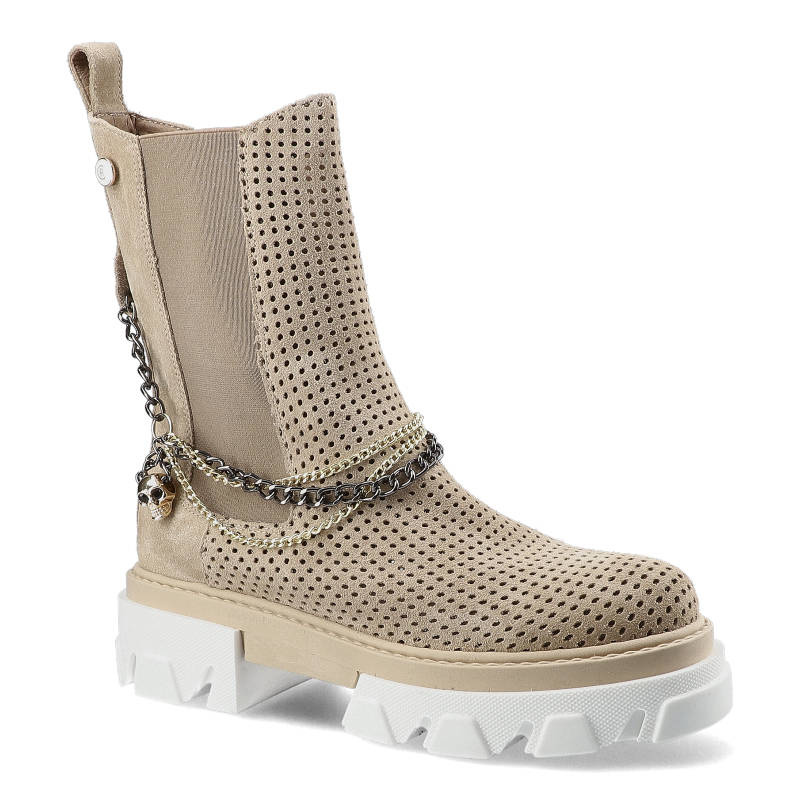 Botki damskie Carinii, perforowane naturalna skóra zamszowa z wysoką cholewką z gumowymi ściągaczami i zdobnymi łańcuchami całość na płaskiej podeszw
