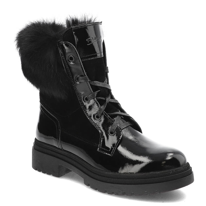 Botki damskie Pollonus, lakierowane z futerkowym kołnierzem sznurowane i zapinane na zamek błyskawiczny, czarne, 5-1453-002