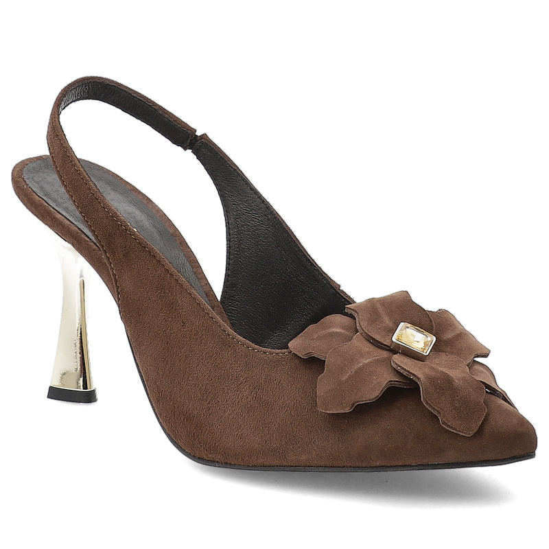 Sandały damskie Karino, skórzane z ozdobnym kwiatem na szpilce wsuwane z noskiem w szpic, brązowe, 5769-015-P