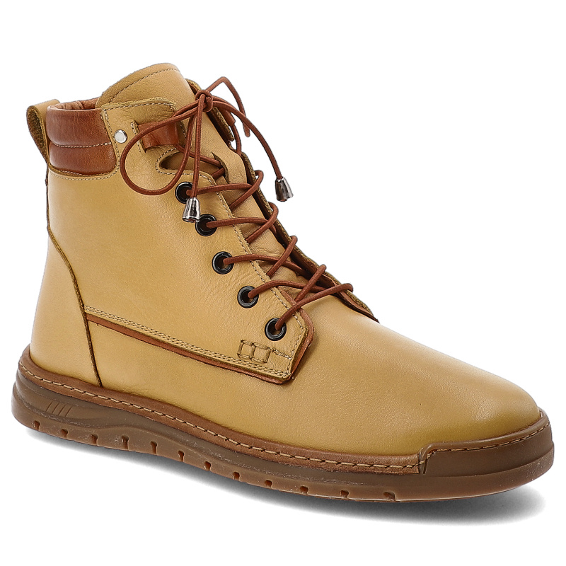 Trzewiki damskie Artiker, skórzane za kostkę na platformie z okrągłym noskiem i ocieplane futerkiem, żółte, 57C2059