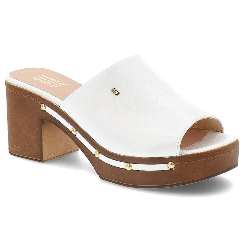 Klapki damskie Simen, ze skóry licowej na klocku z ozdobami eleganckie, białe, 6844A