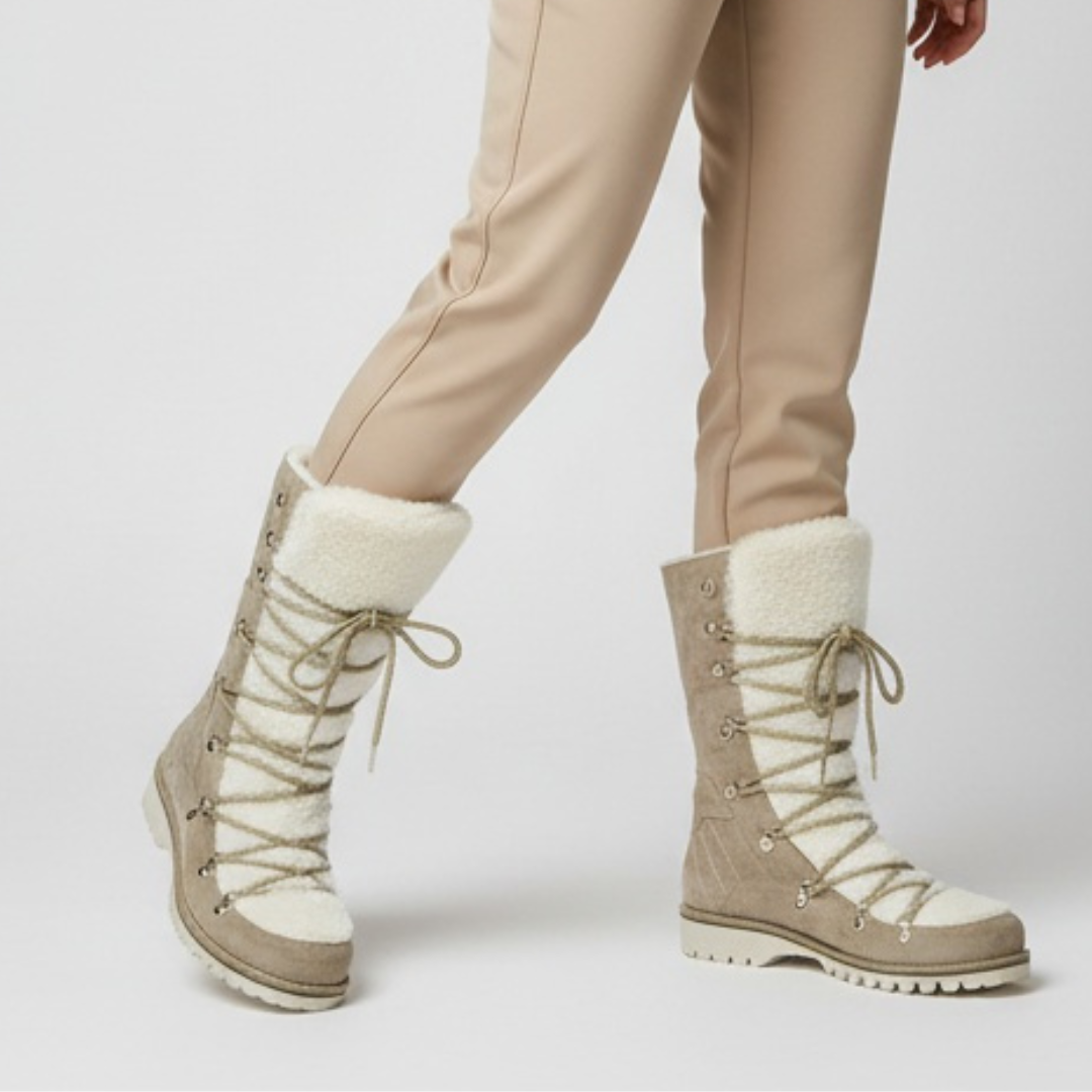 Śniegowce damskie Kampa, cholewka ze skóry naturalnej wnętrze ocieplone futerkiem wiązanie sznurowane podwyższona konstrukcja, beżowe, Z662-612-510