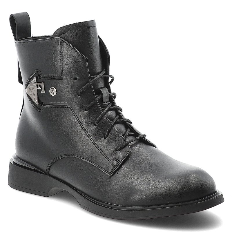 Trzewiki damskie Maciejka, ze skóry licowej na płaskim obcasie z okrągłym noskiem i na płaskim obcasie, czarne, K3115-01-00-8