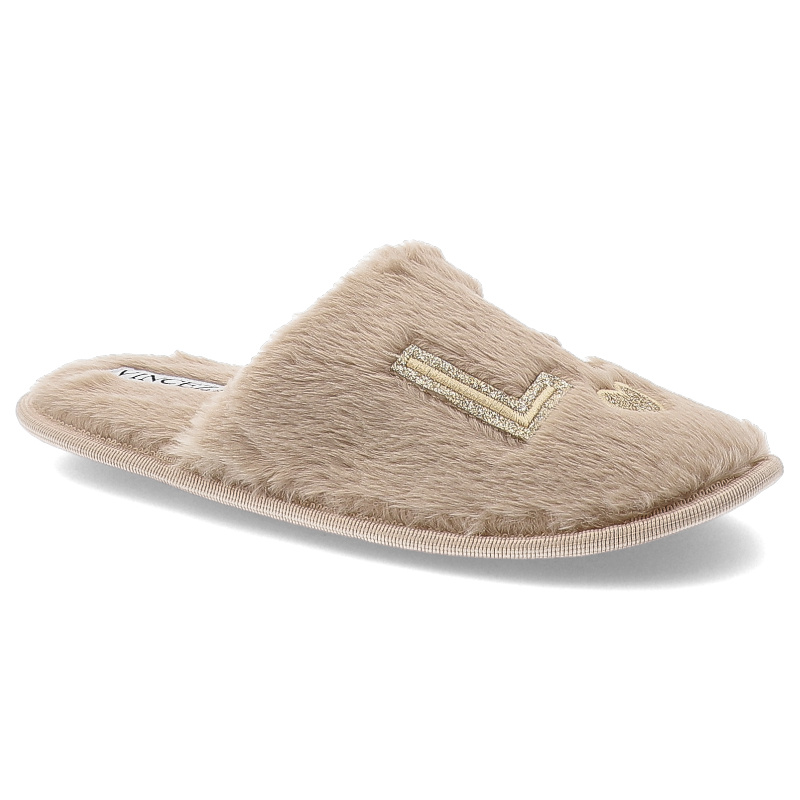 Kapcie damskie Vinceza, pantofle ocieplane z futerka z ozdobami, beżowe, 19958-BE