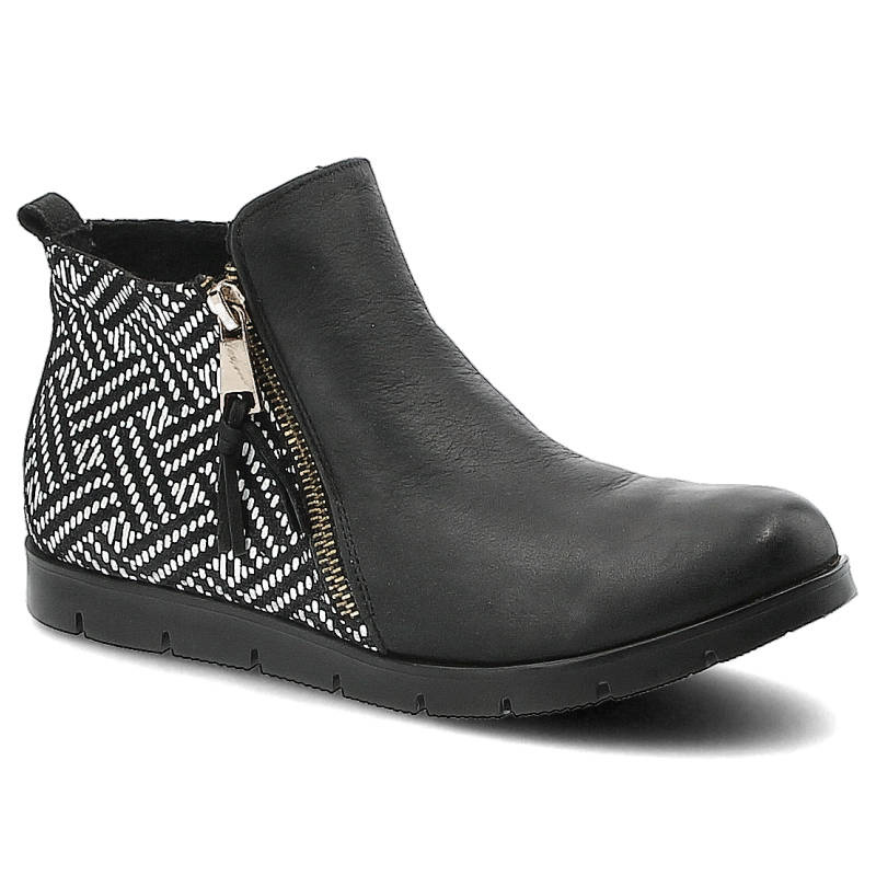 Botki damskie Laviano, naturalna skóra nubuk z ozdobnym wzorem wokół pięty i gładkim czubkiem na płaskiej podeszwie, czarna igielka, 226
