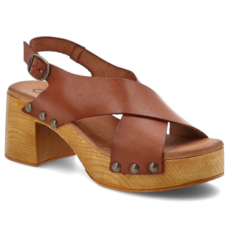 Sandały damskie HEE, na klocku skórzane licowe na sprzączkę, brązowe, 25352