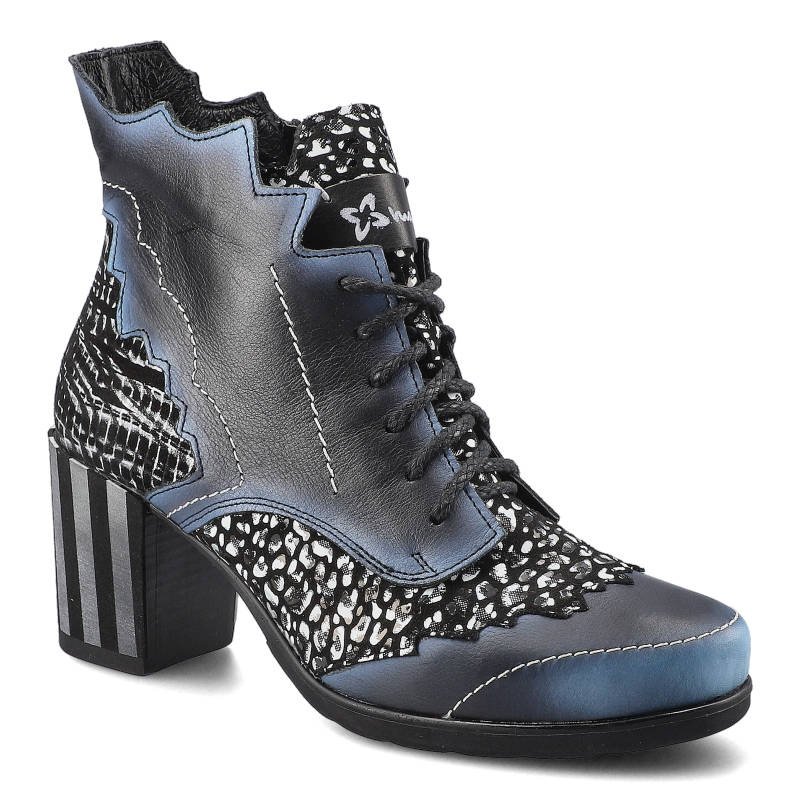 Botki damskie Maciejka, naturalna skóra licowa w połączeniu z fakturowanymi wstawkami z nubuku ze sznurowaniem dekoracyjnymi przeszyciami oraz stabil