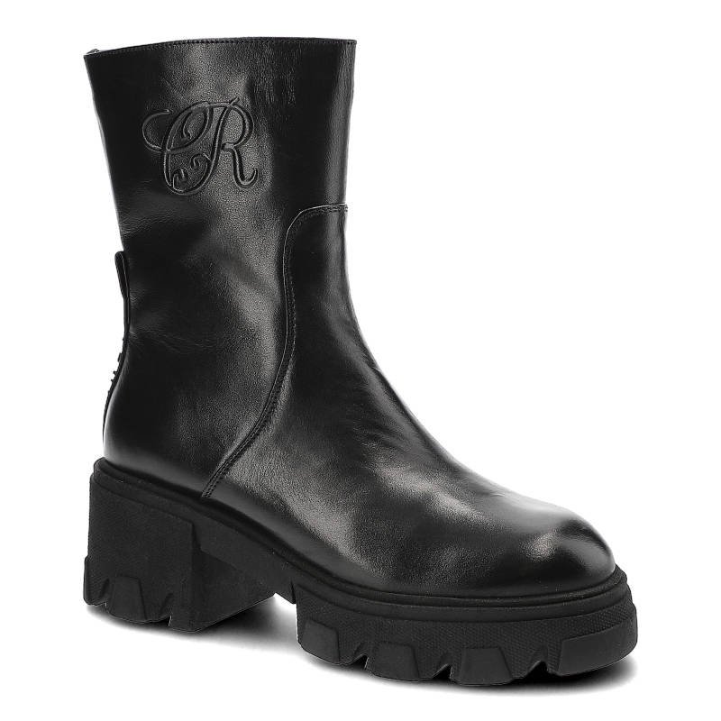 Botki damskie Carinii, czarne botki damskie na grubej podeszwie. skórzana cholewka stabilny obcas, czarny, B8531_-E50-000-000-000