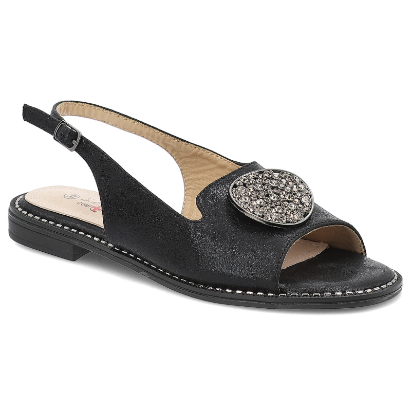 Sandały damskie S. Barski, eleganckie z ozdobą ze skóry ekologicznej na płaskim obcasie, czarne, KV51-083