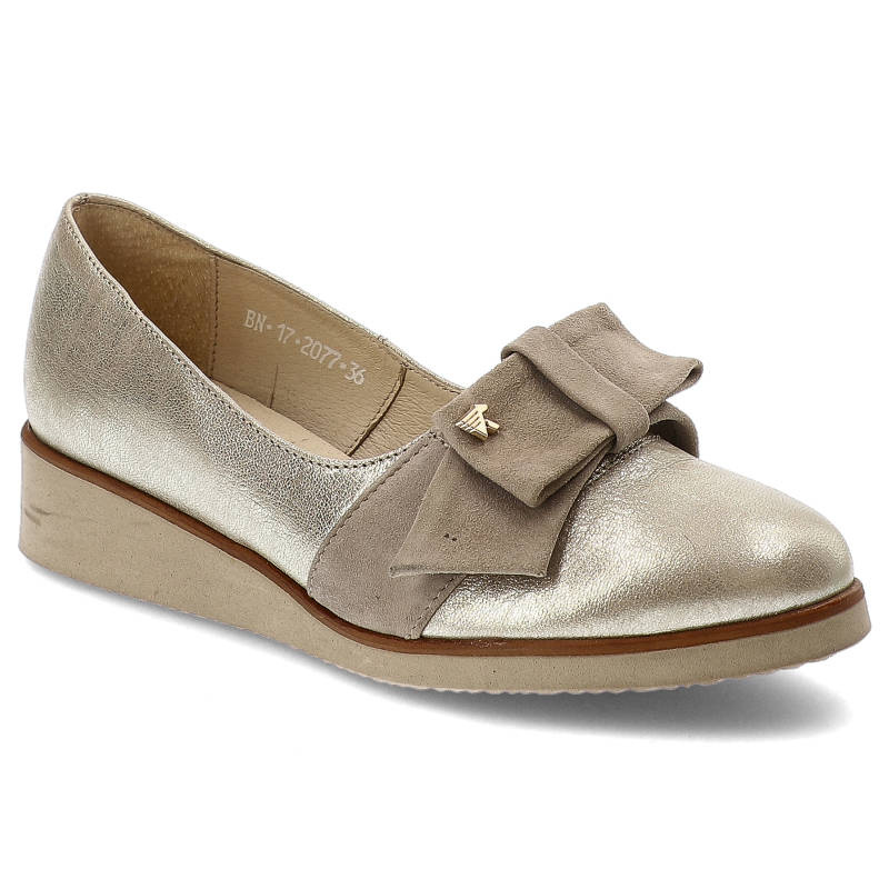 Półbuty damskie Karino, naturalna skóra licowa na platformie, złote, 2077-074-P