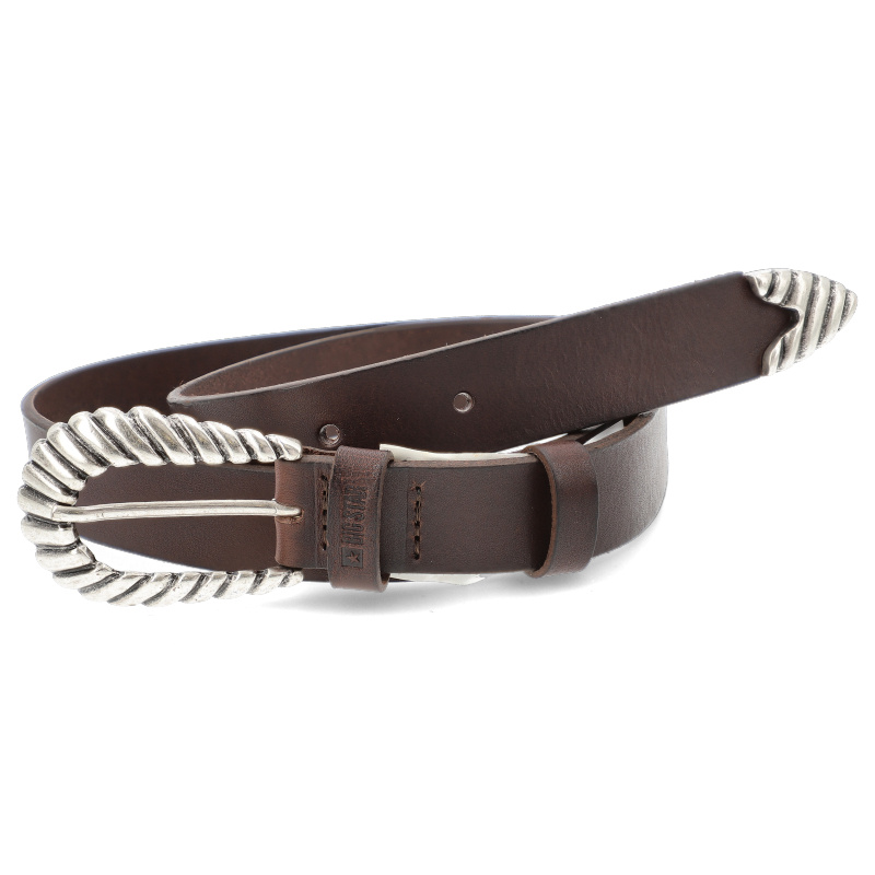 Pasek damski Big Star, karbowaną klamrą i okuciem i skórzany z logo na szlufce, czarny, II675019