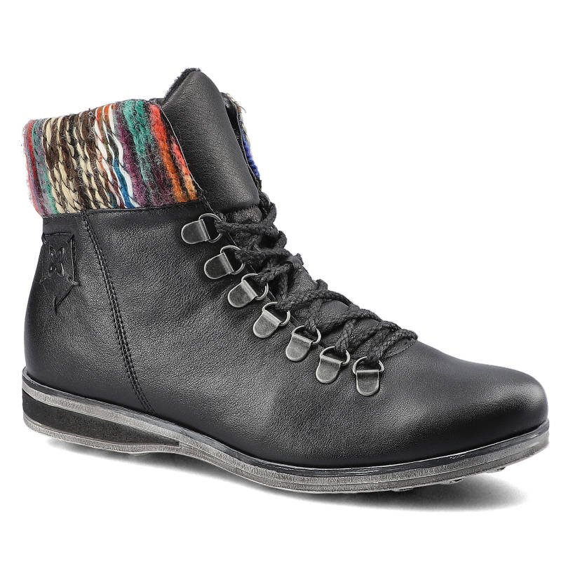 Trzewiki damskie Maciejka, skóra licowa z metalowymi mocowaniami sznurowadeł doszywanym logo i miękkim dzianinowym otoczeniem łydki, czarne, 03276-01