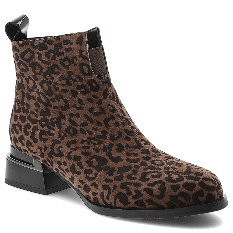 Botki damskie S. Barski, zamszowe w panterkę na klocku i zapinane na suwak, brązowe, JC52-852