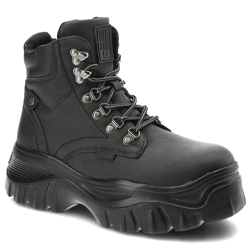 Botki damskie Big Star, ze skóry naturalnej licowej z wysoką sznurowaną cholewką metalowymi hakami i oczkami, czarne, KK274368