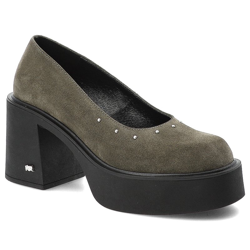 Półbuty damskie Karino, na wysokim klocku eleganckie skórzane z dżetami wsuwane z okrągłym noskiem, zielone welur, 5648-026-P
