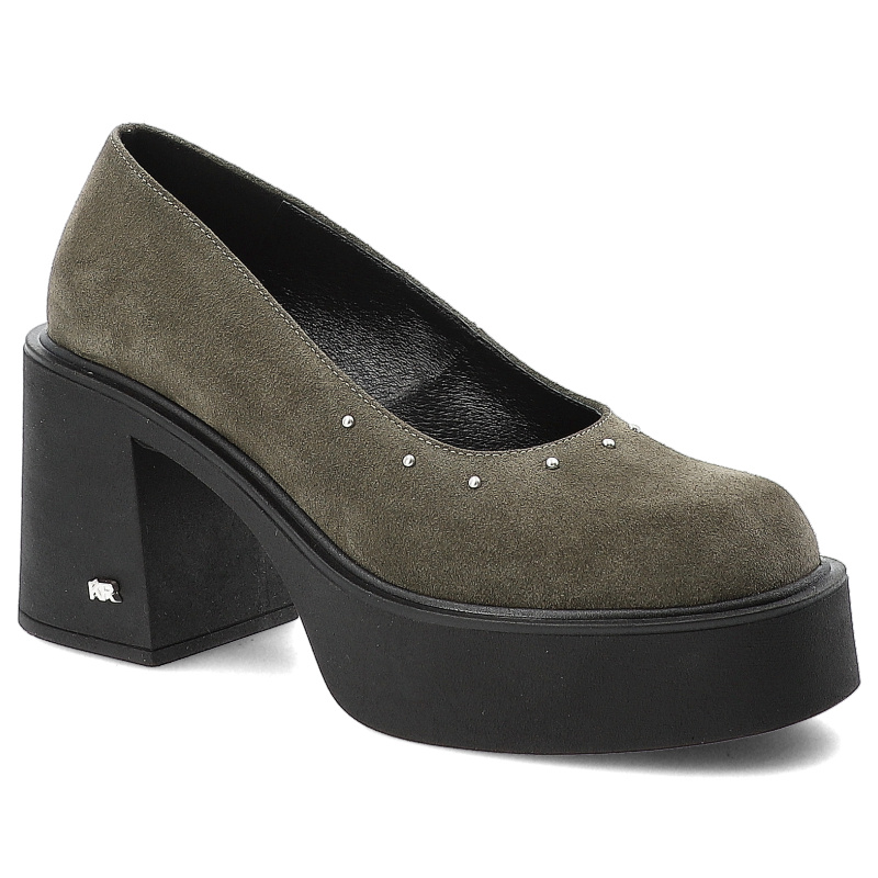 Półbuty damskie Karino, na wysokim klocku eleganckie skórzane z dżetami wsuwane z okrągłym noskiem, zielone welur, 5648-026-P