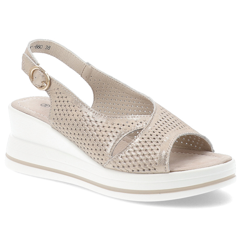 Sandały damskie S. Barski, skórzane licowe na koturnie ażurowe na sprzączkę, złote, LR51-660