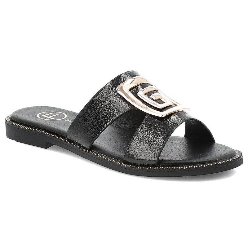 Klapki damskie Filippo, na płaskim obcasie z eko skóry z ozdobą eleganckie, czarne, DK3703-25-BK