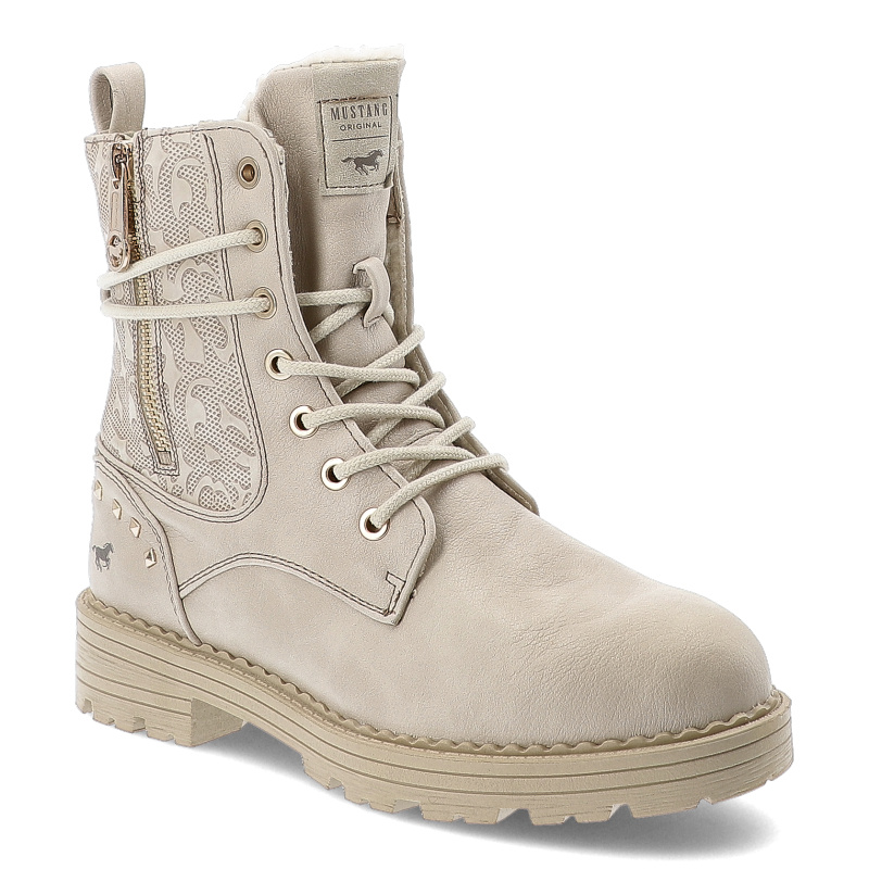 Trzewiki damskie Mustang, na płaskim obcasie ocieplane futerkiem z wzorami na zamek i sznurowane, beżowe, 1472-603-243