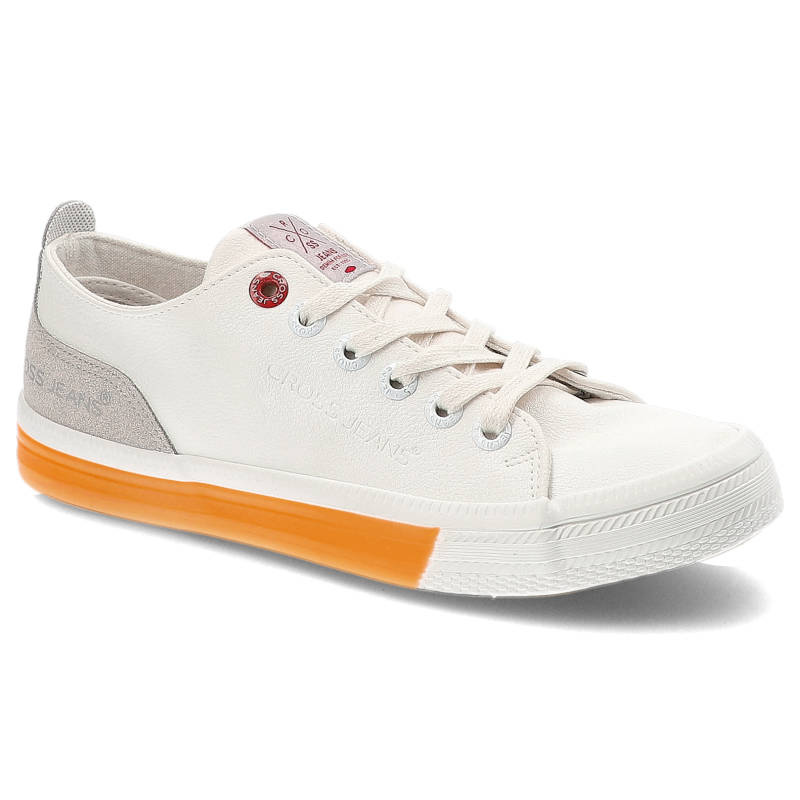 Trampki damskie Cross Jeans, z materiału syntetycznego z klasycznym sznurowaniem kontrastowymi wstawkami kolorystycznym, biało-pomarańczowe, FF2R4043