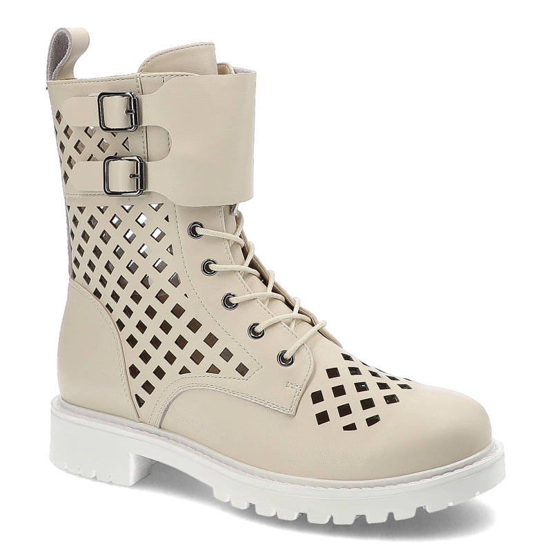 Botki damskie Artiker, naturalna skóra licowa z ażurową cholewką sznurowanym zapięciem uzupełnionym o paski z klamrami, bezowy, 50C1312