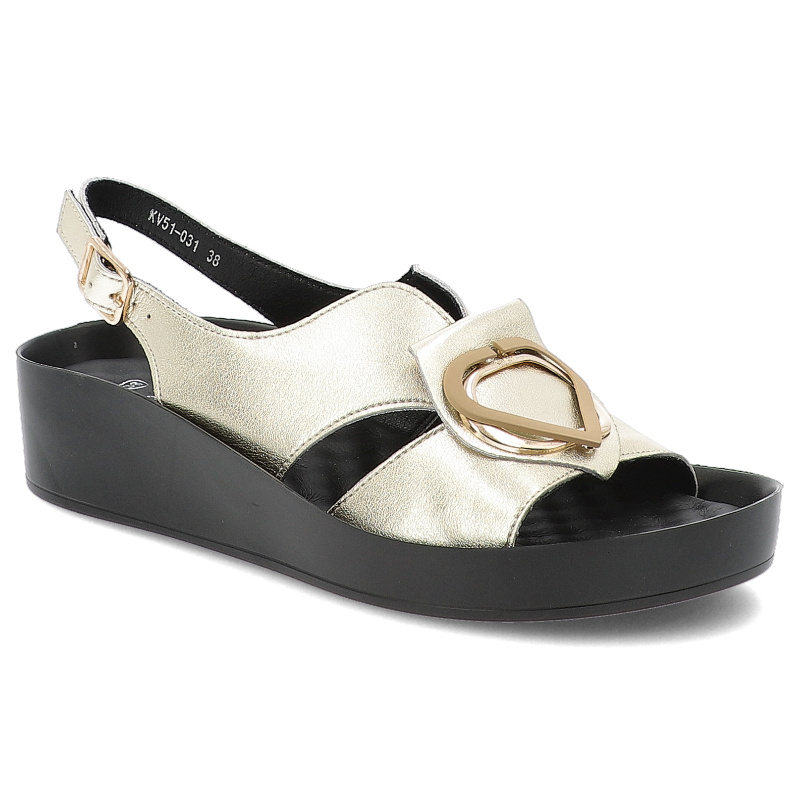 Sandały damskie S. Barski, ze skóry naturalnej licowej na platformie z ozdobą ze sprzączką, złote, KV51-031