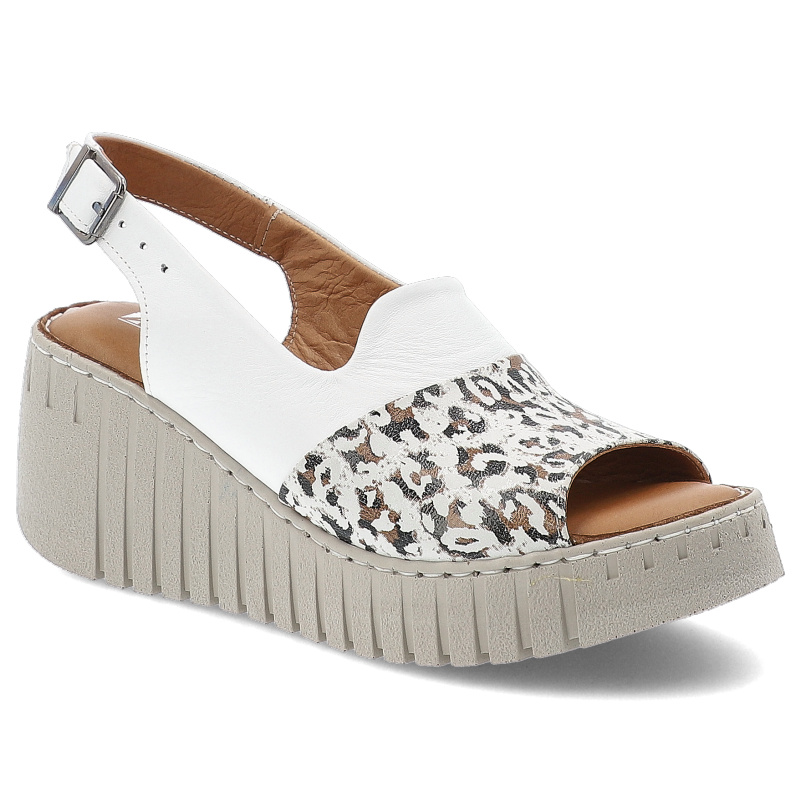 Sandały damskie Artiker, na koturnie ze skóry naturalnej z wzorkami ze sprzączką lekkie, białe, 56C0958