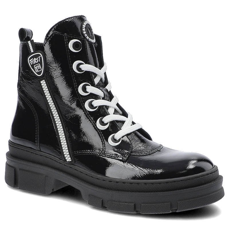 Botki damskie Nessi, naturalna skóra licowa z lakierowanym wykończeniem sznurowaną cholewką bocznym zamkiem i masywną podeszwą, czarne, 21108