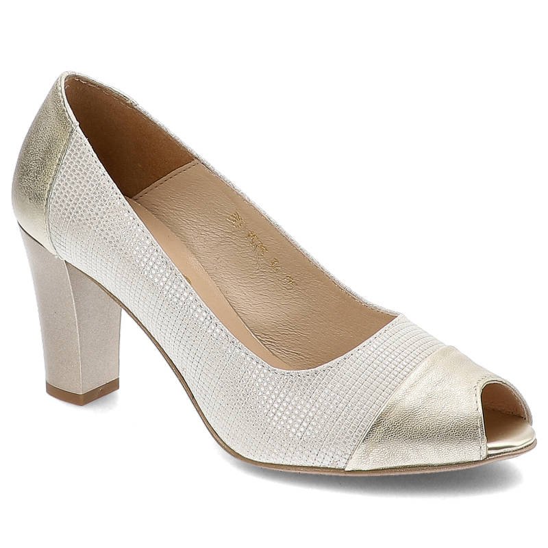 Czółenka damskie Gamis, ze skóry naturalnej i na słupku, złote, 1525